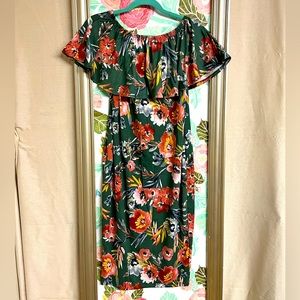 Floral, off-the-shoulder flounce maternity dress; flattering & buttery soft
